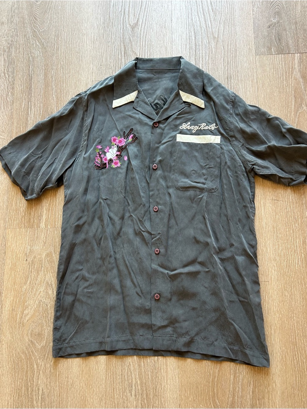 Maharishi Grey Short-Sleeve Bowling Shirt with Pink Floral Embroidery